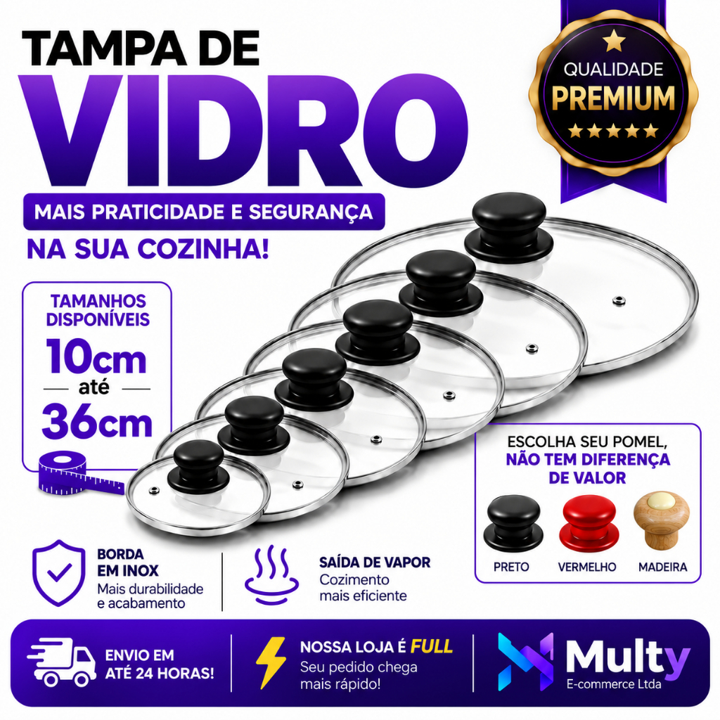 Imagem Tampa de Vidro Temperado Tampa Para Panela Avulsa Universal Borda Inox Com Saída de Vapor 10 a 36cm