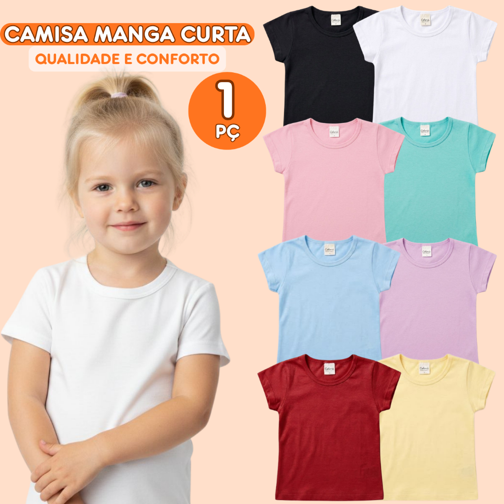 Blusa Manga Curta Infantil Menina Básica Lisa Camiseta 1 Unidade