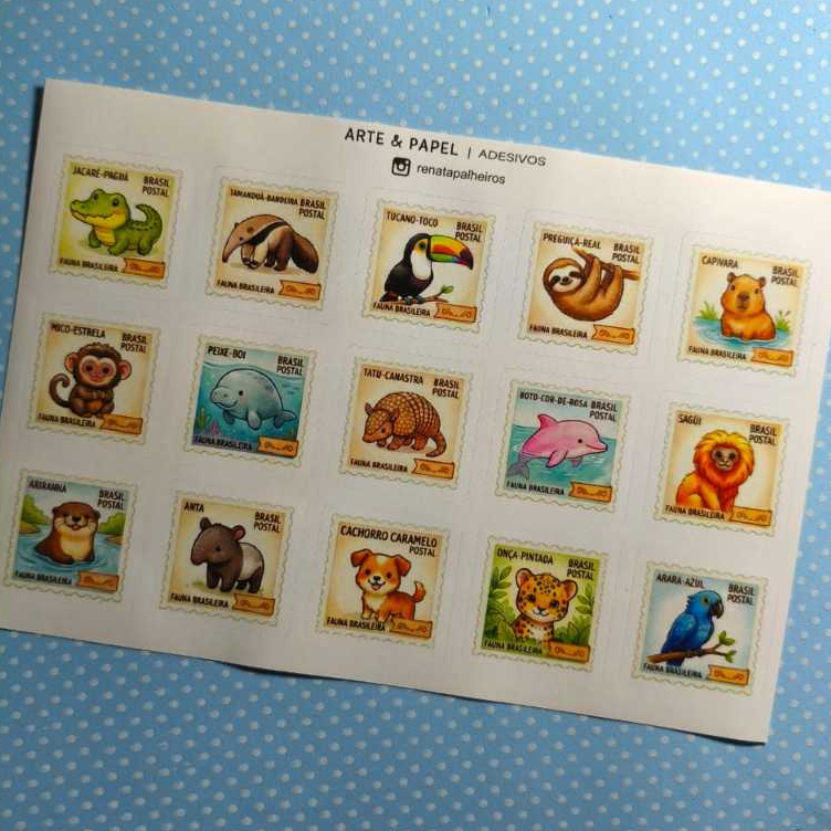 Cartela de Adesivos Fofos Exclusiva [Fauna Brasileira em Selos] Sticker Sheet 15 adesivos
