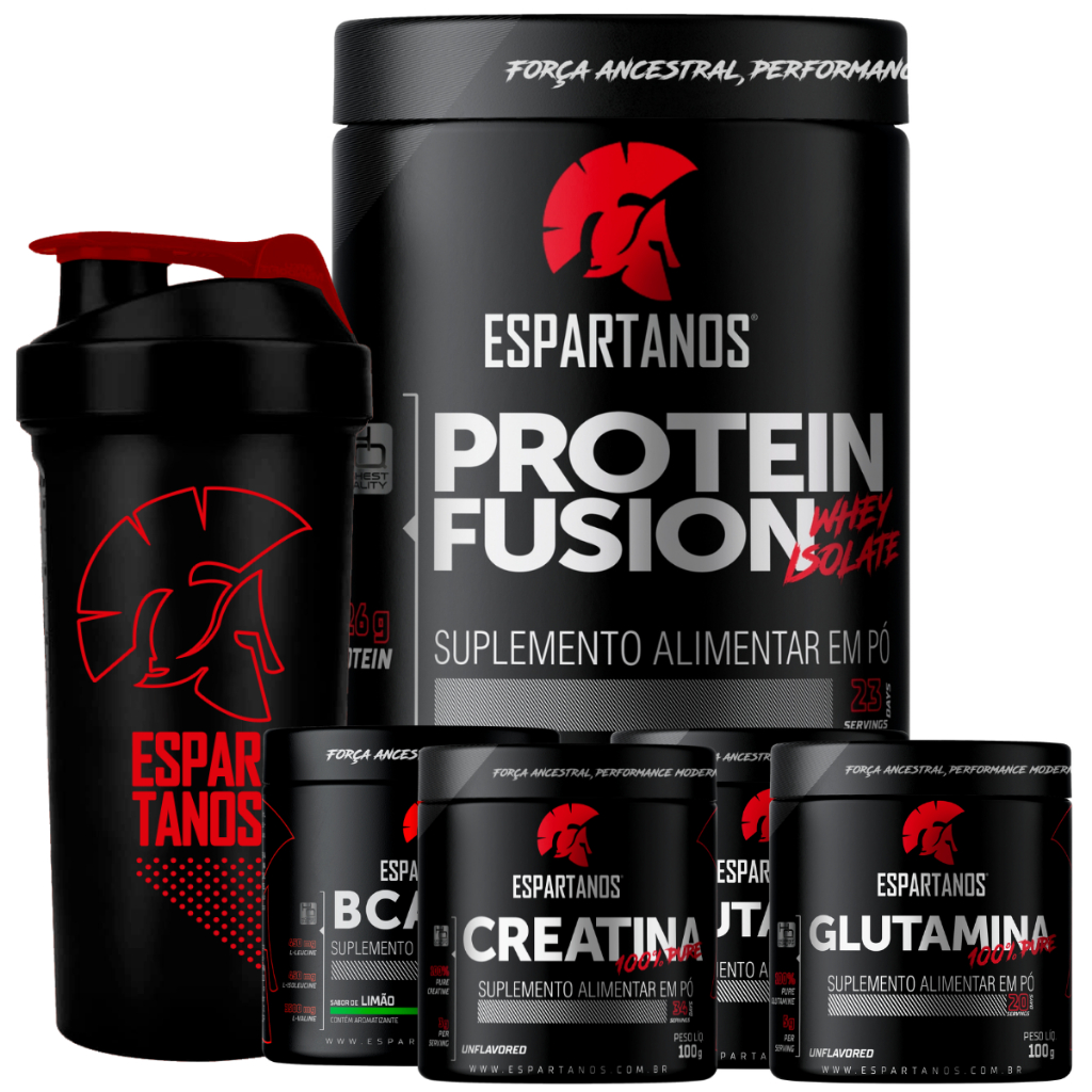 Kit Whey Protein Fusion + Bcaa + Creatina + Glutamina + Colágeno + Shaker - Espartanos