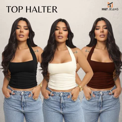 Blusa Top Halter Feminino Suplex Frente Única Decote Quadrado Cropped Alça Pescoço Tecido Duplo P ao GG