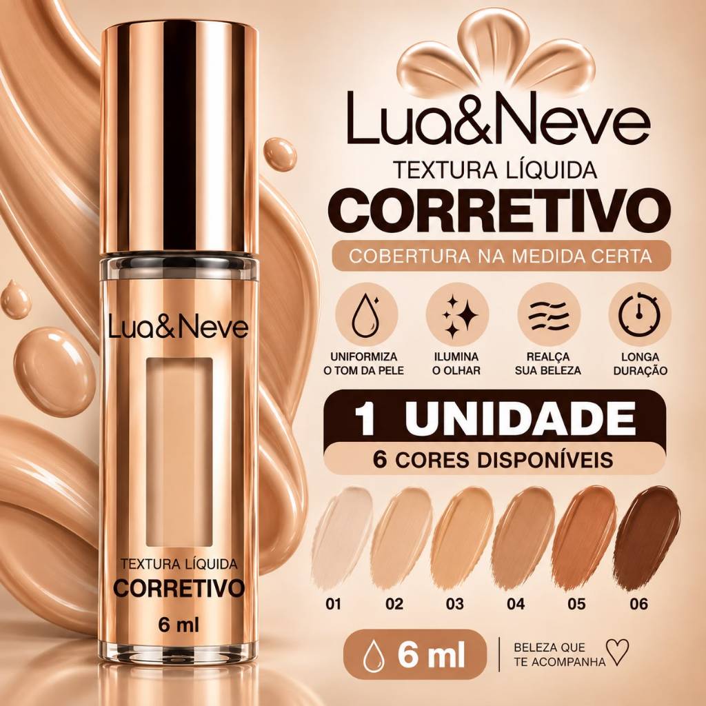 Corretivo Líquido Lua & Neve Textura Líquida 6ml 6 Cores Cobertura na Medida Certa – Cor 01 a 06