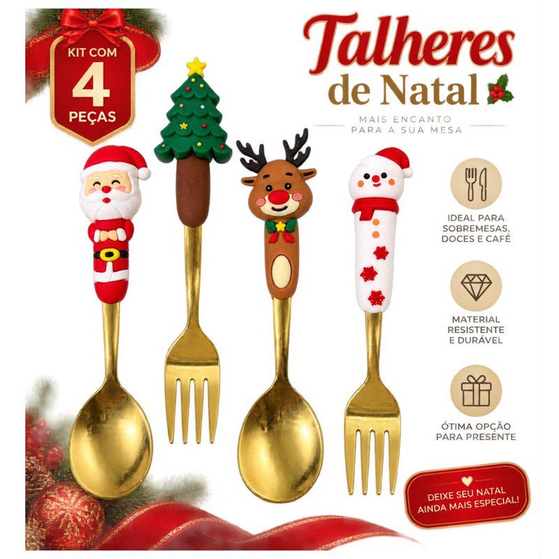 Kit 4 Talheres de Natal Dourados 2 Colheres 2 Garfos Decorativos para Sobremesa Mesa Posta Natalina
