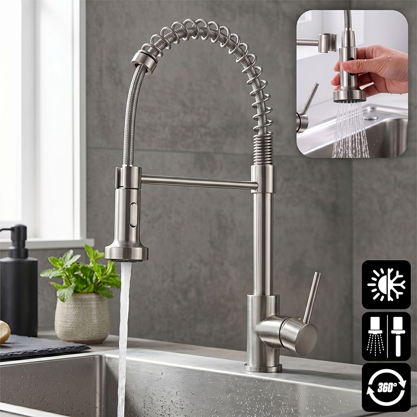 Torneira de Cozinha Gourmet Monocomando Com Mola de Bancada 2 Modos Jato Extensão de Spray