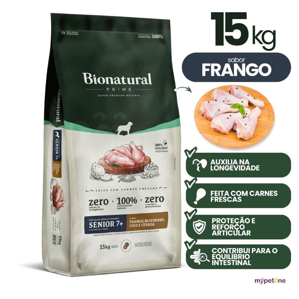 Ração Bionatural 15Kg Cães Raças Médias e Grandes Idoso Sênior 7+ Frango Prime