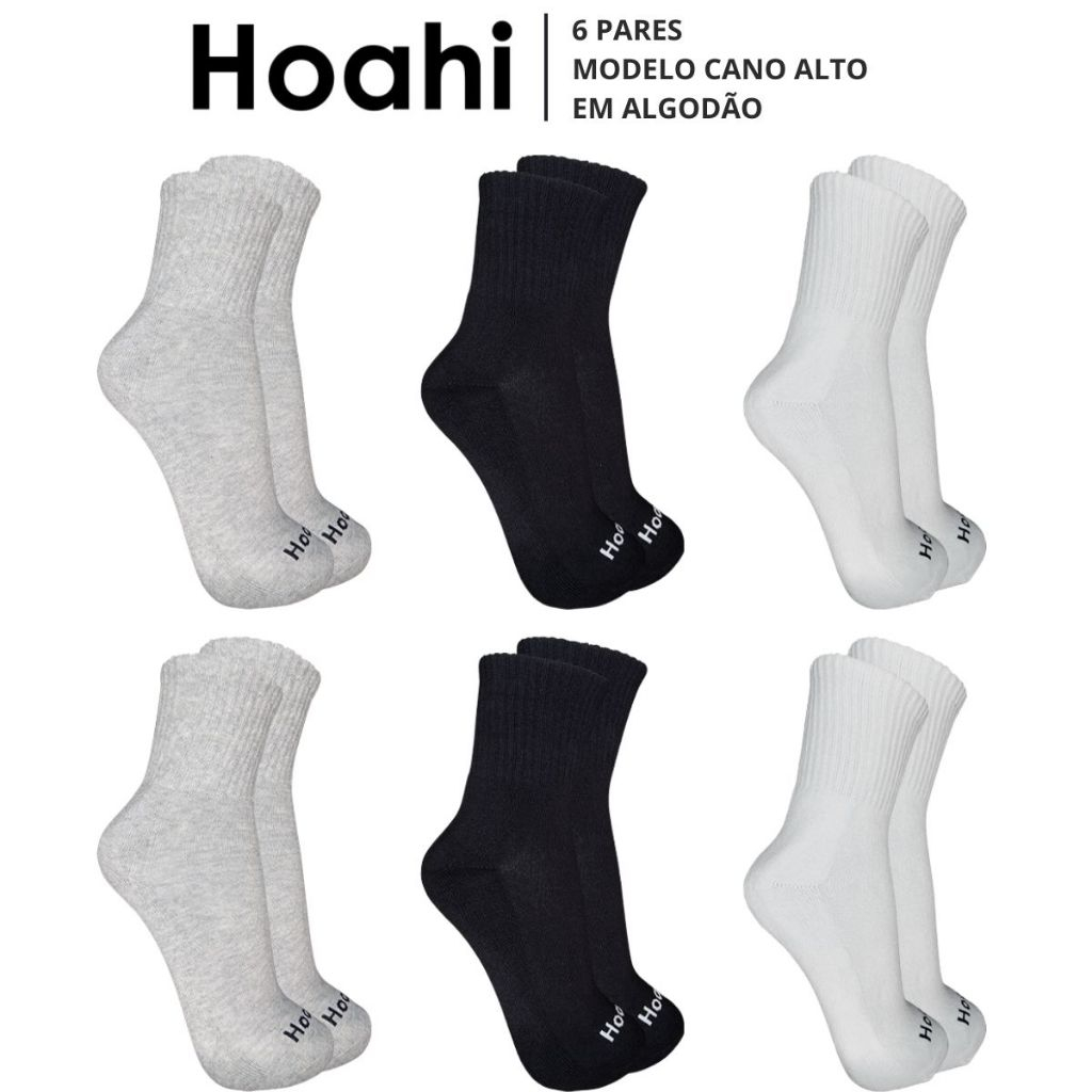 Kit 6 Pares Meias Hoahi Cano Alto Longo Esportiva Academia Algodão