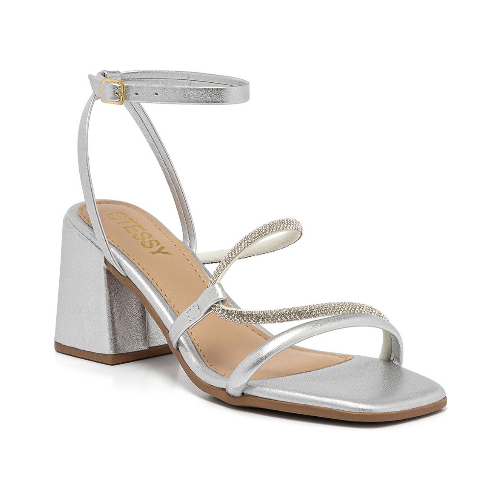 Sandália Feminina Festa Original Tiras de Strass Elegante Salto Médio Lançamento Confortável Oferta