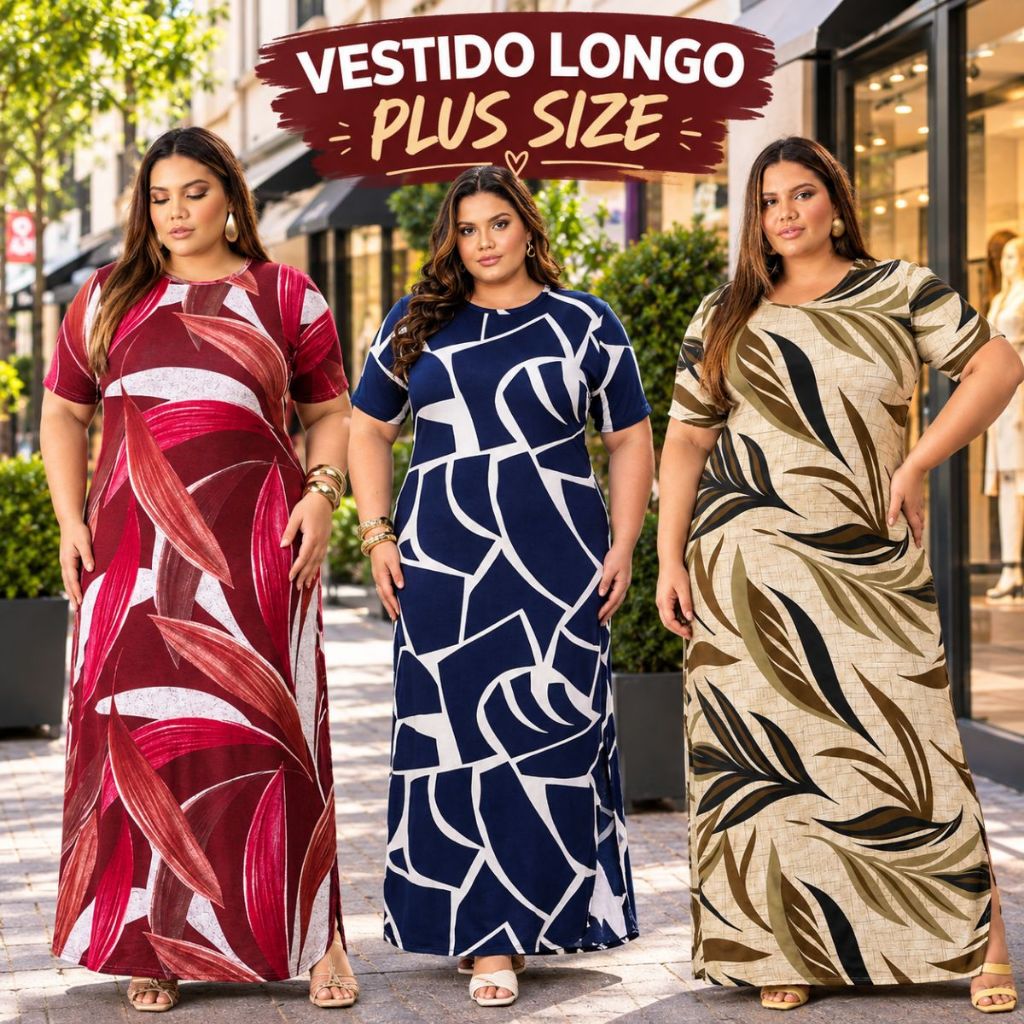 Vestido Longo Plus Size Confortável Soltinho Com Fenda Moda Evangélica Casamento Liso Estampado