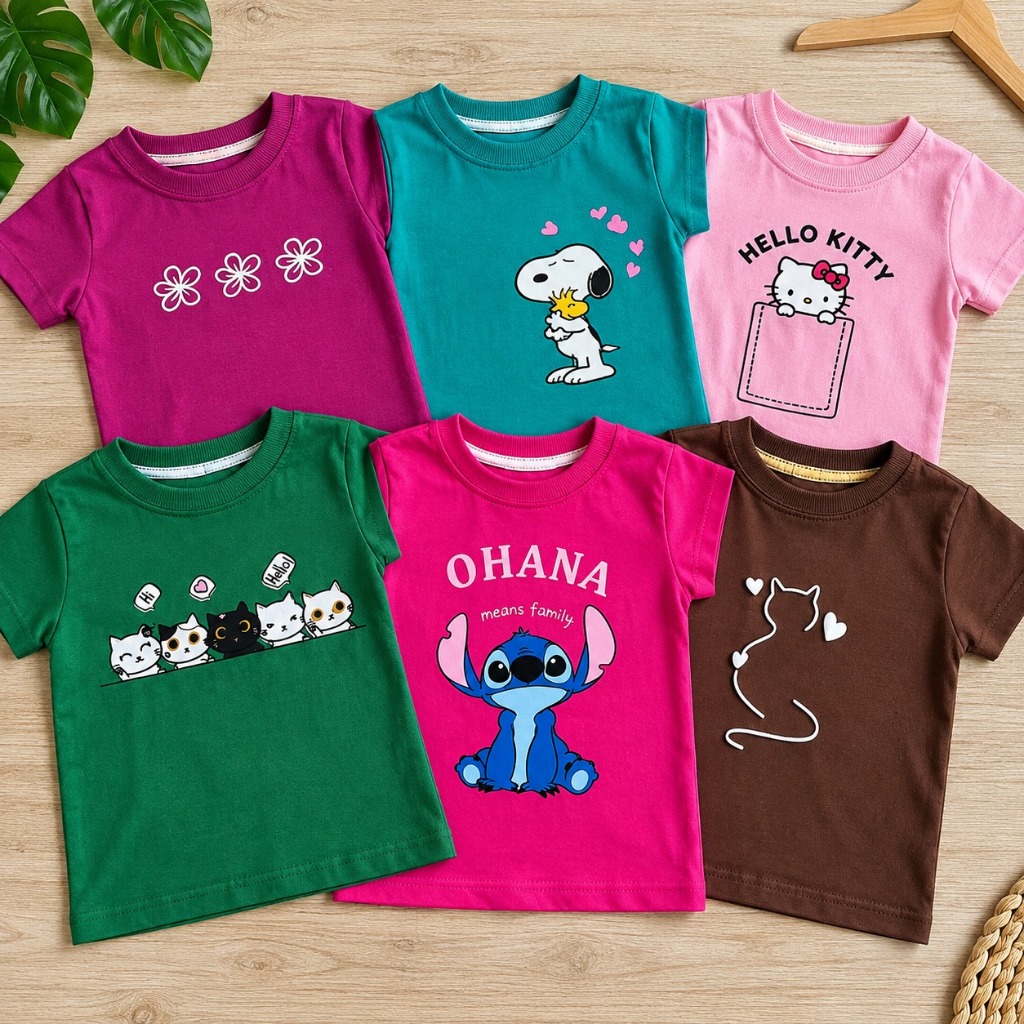 KIT COM 2, 3 e 4 PEÇAS Camiseta Infantil Feminina Criança Básica – Moda Menina  Algodão  Estampada Personagens Baby Look