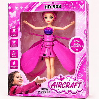 Brinquedo Boneca Fada Voadora Infantil Rosa com Sensor de Movimento Luz LED USB