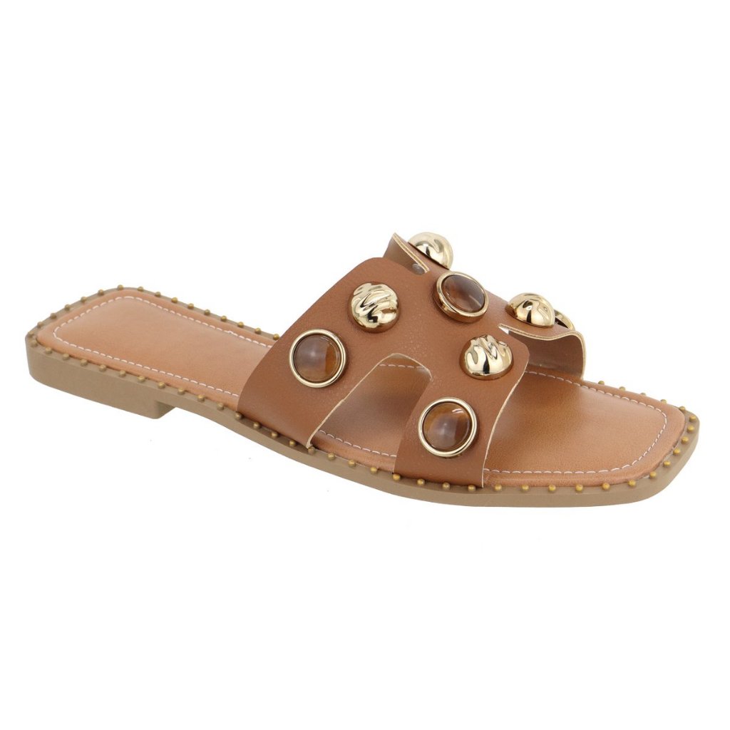 Sandália Rasteira Feminina Confortável com Apliques Palmilha Acolchoada Solado Antiderrapante Casual Chic