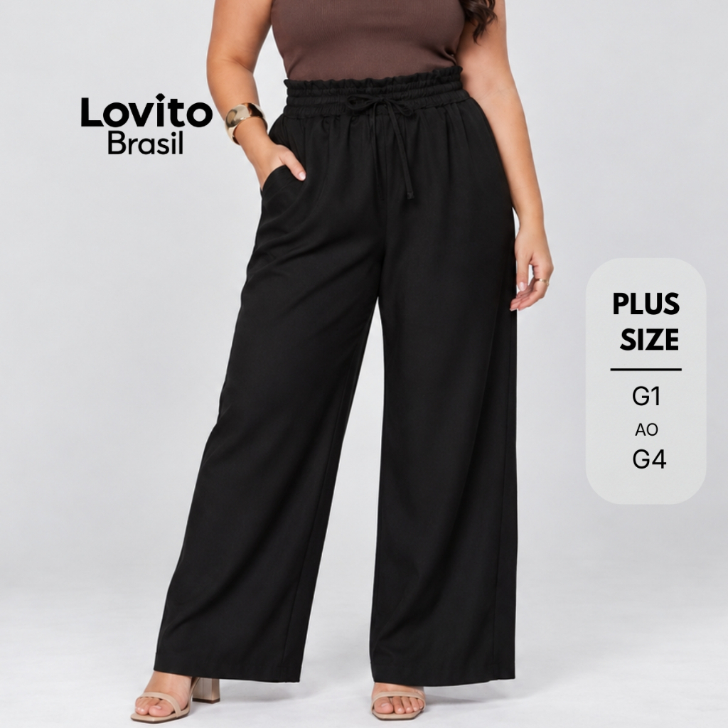 Lovito Plus Size Calça Feminina Reta Elástico Cintura PTB38BRL067