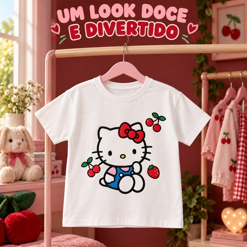 Camiseta Infantil Feminina Hello Kitty Estampada Manga Curta Branca Menina Casual Confortável