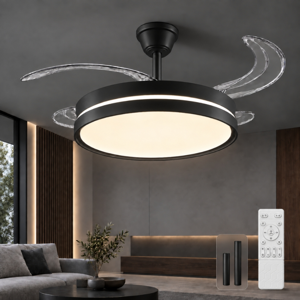 Ventilador de Teto Preto Retrátil LED com Controle Remoto Intensidade de Luz Ajustável Seis Velocidades Bivolt Lumiville