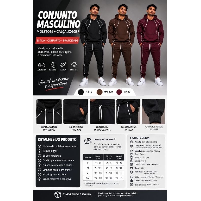 Conjunto Masculino Moletom Esportivo com Capuz Calça Jogger Casual Inverno