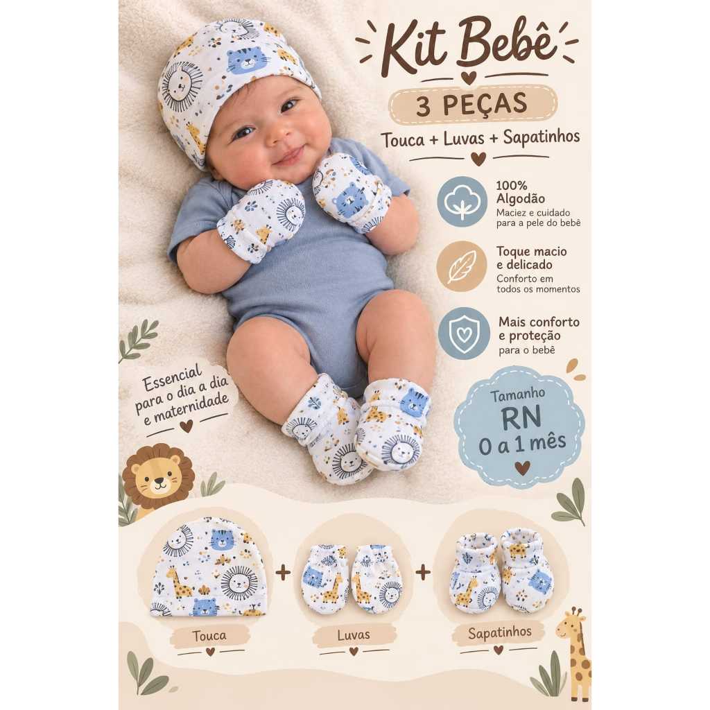 Touca Luvas e Sapatinhos Safari Kit Bebê 3 peças 100% Algodao Enxoval Recem Nascido Maternidade
