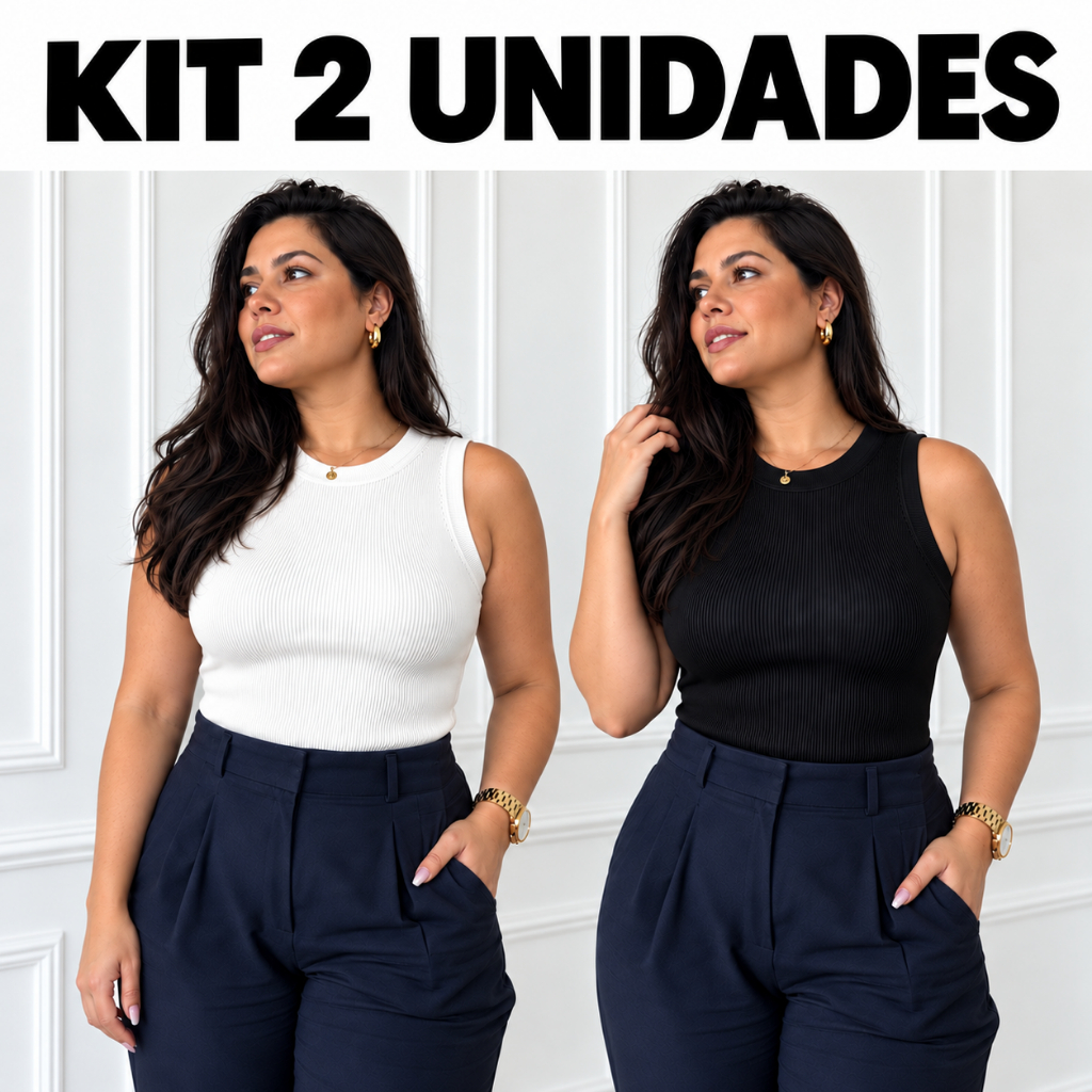 Kit 2 Blusas Regatas Femininas em Ribana Canelada Gola Redonda Elegante