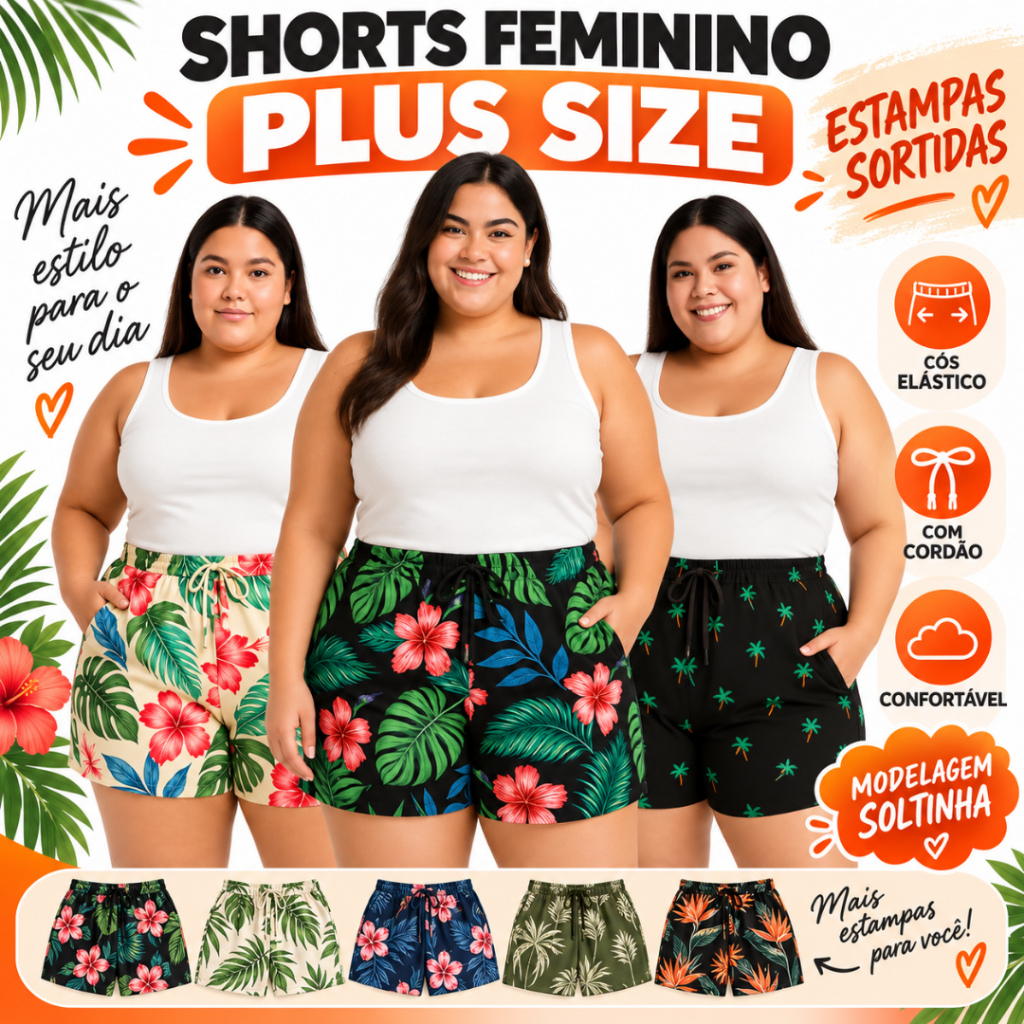 Shorts Feminino plus size Casual Malha leve