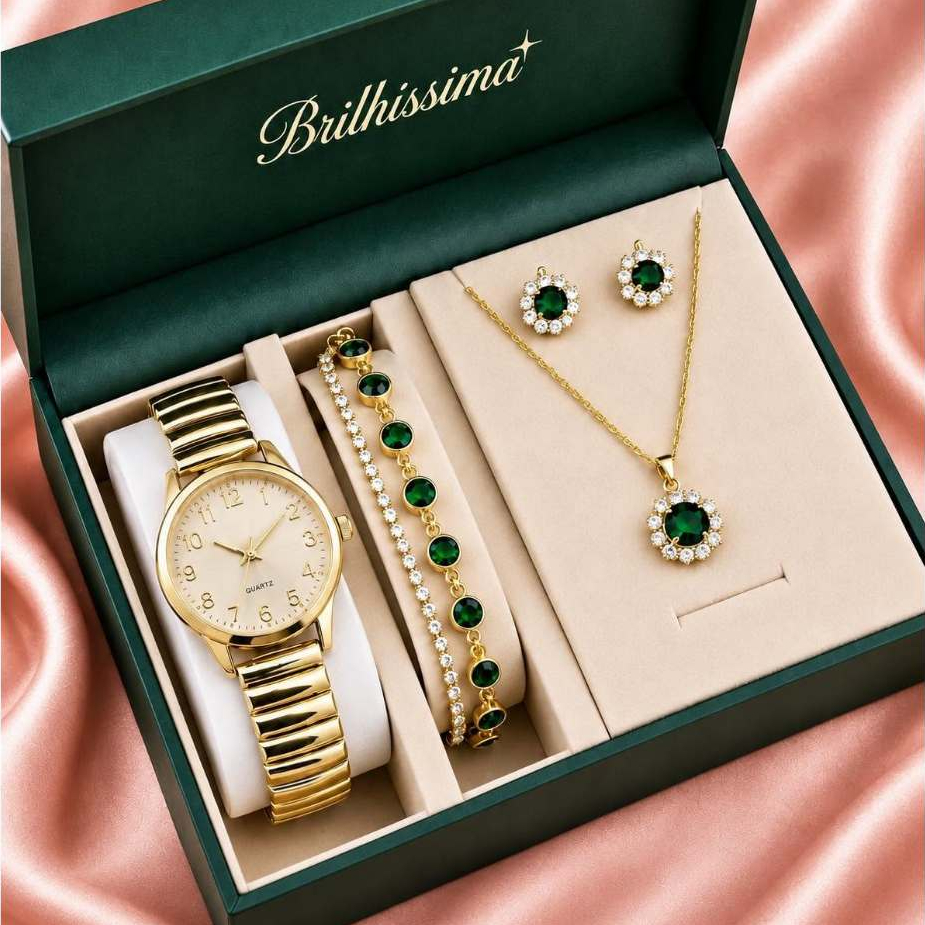 Kit Relógio Colar Brinco Pulseira Banhado Ouro Feminino Presente