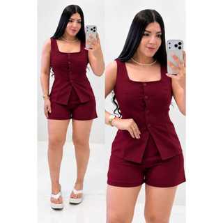 Conjunto Feminino Alfaiataria – Colete Alongado + Short de Verão Moda Feminina