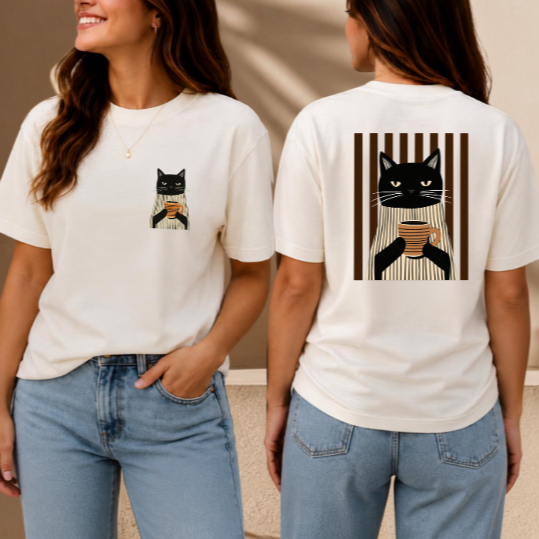 Linda Camisa, Camiseta em 100% Algodão, Gato Xicara de Cafe, Listras, Divertida, Envio Imediato