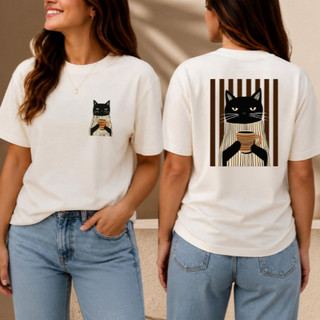 Linda Camisa, Camiseta em 100% Algodão, Gato Xicara de Cafe, Listras, Divertida, Envio Imediato