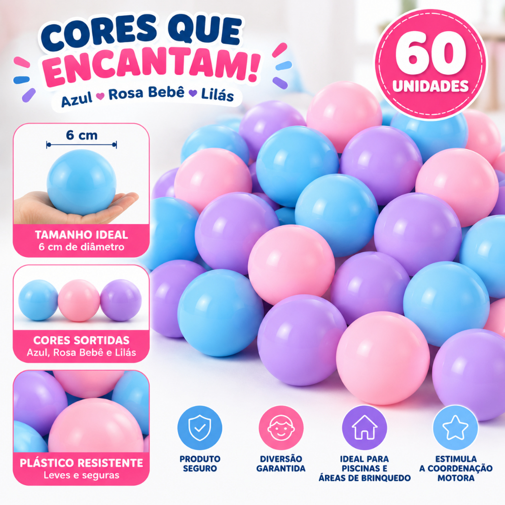 60 Bolinhas de Piscina Infantil 71mm Rosa Bebê Azul Bebê Lilás Piscina de Bolinhas