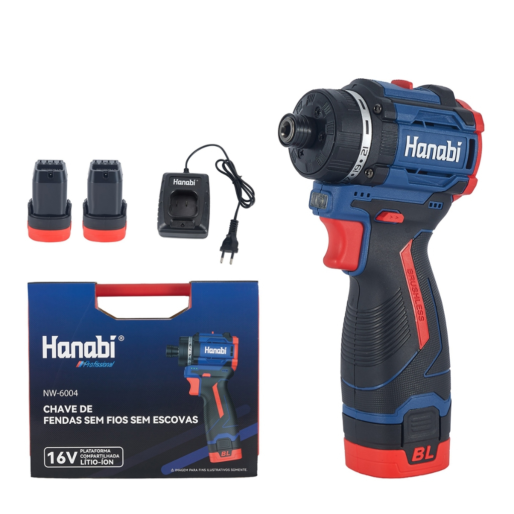 【Hanabi】 Brushless Parafusadeira Elétrica a Bateria Sem Fio 16.8V 45Nm 2 Baterias 2.0Ah com Maleta