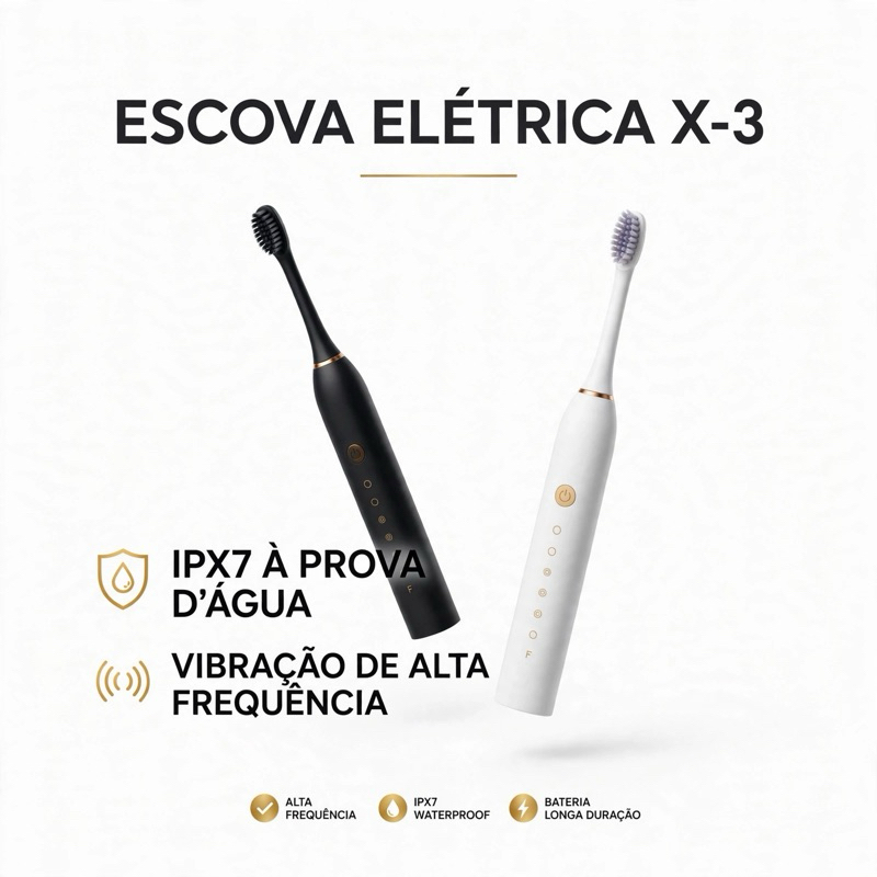 ESCOVA DE DENTE ELÉTRICA X-3 SÔNICA IPX 7 6 MODOS RECÁREGAVEL USB CLAREAMENTO