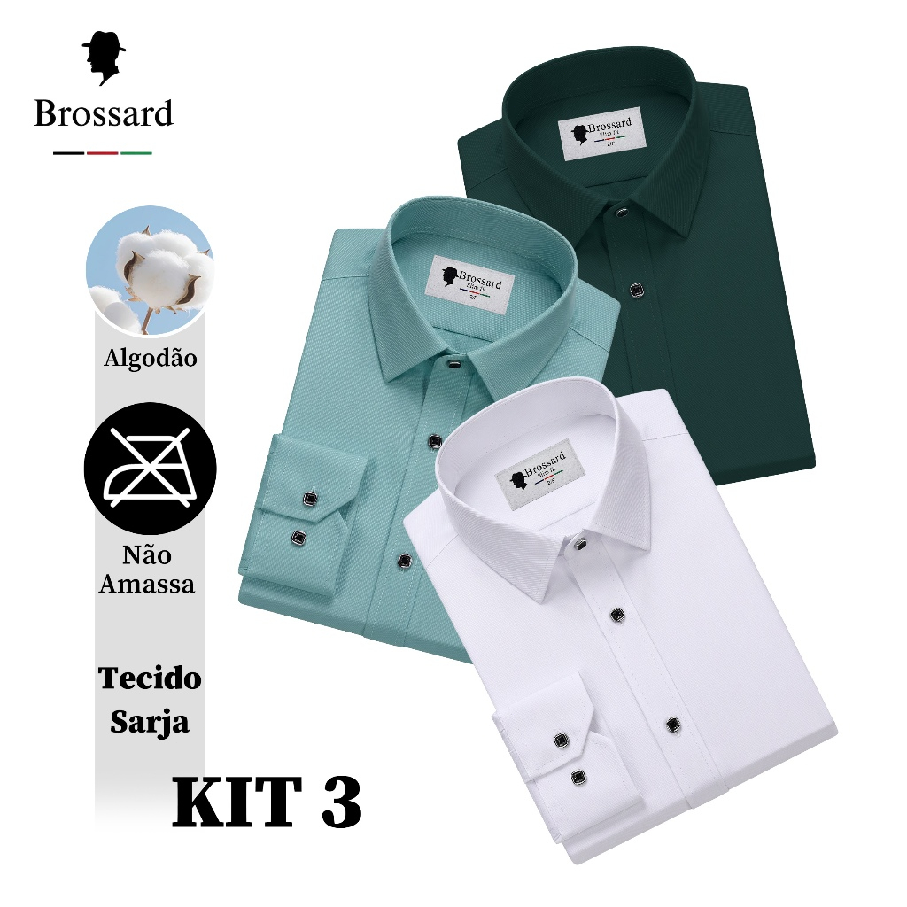 Kit 3 Camisa Social Masculina Slim Não Amassa com Algodão, Peça Versátil, Trabalho Diário e Casual