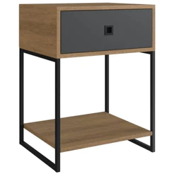 Mesa de Cabeceira - Placa e Ponto | P1026 | Mel/Grafite com Gaveta e Prateleira