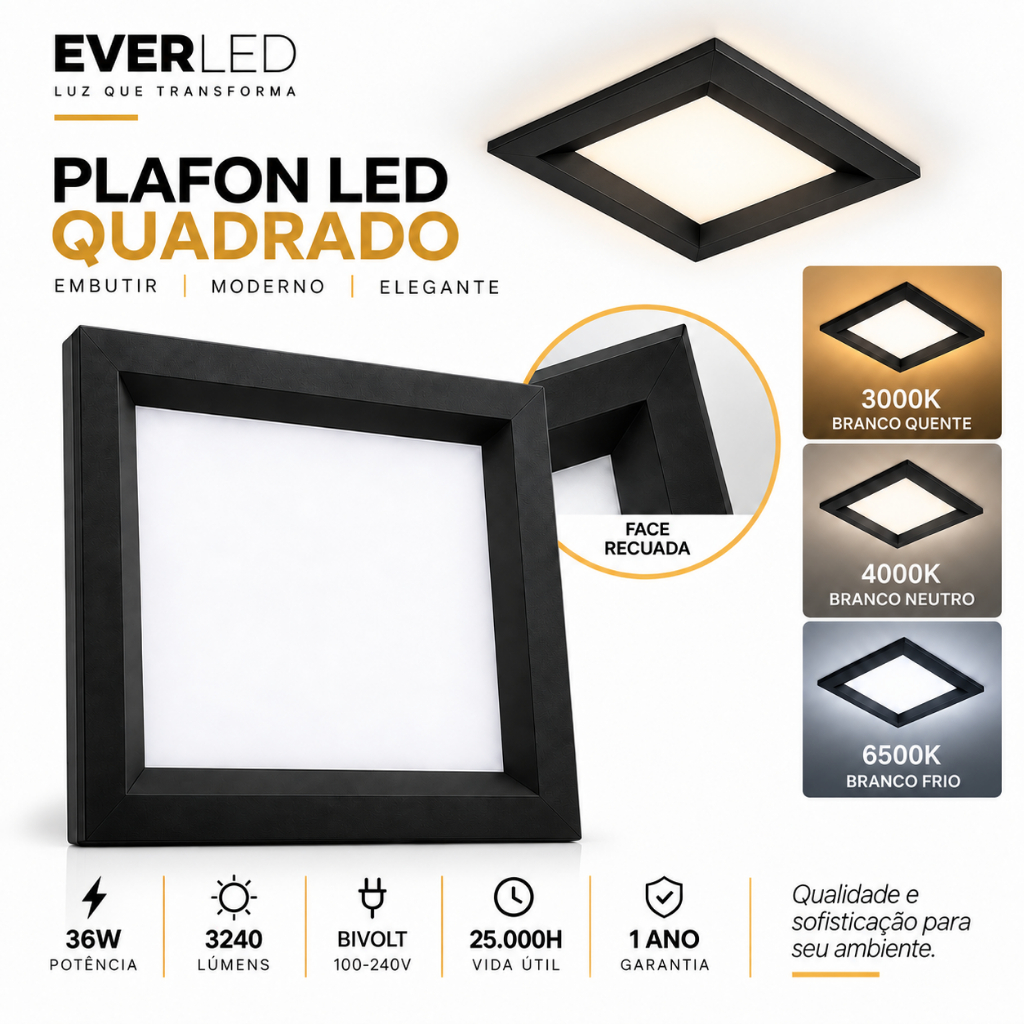 Plafon LED 36W Borda Recuada Preto Quadrado de Embutir 40x40 EverLED