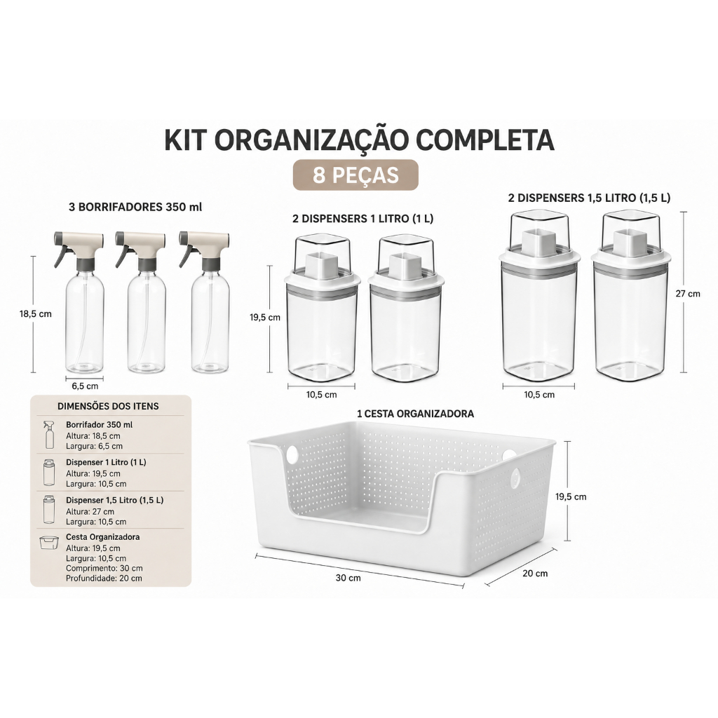 Kit Lavanderia Completo OU Linha Flow – Cesto Organizador + Borrifadores + Dispensers de Sabão Linha Flow - OU
