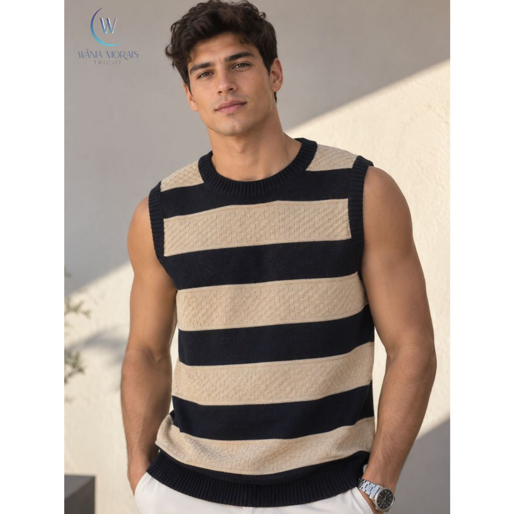 Camiseta Regata Listrada Masculina Tricot Elegante Canelado Gola Redonda Básica Tricô Moda Verão