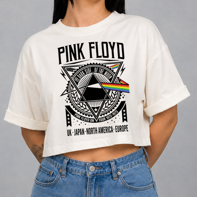 Blusa Cropped Feminino Pink Floyd Oversized Rock Banda Manga Soltinha Look Estiloso