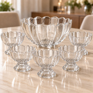 Kit 7 Pecas Bowl com 6 Tacas de Vidro Para Sobremesa Wolff Conjunto para Doces Mesa Posta Cafe e Receber Praticidade Uso