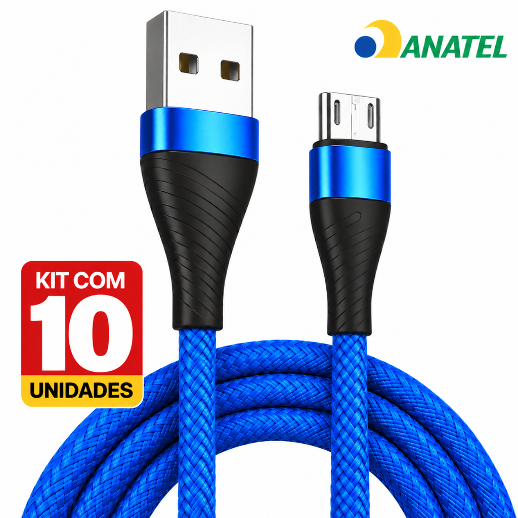 Kit 10 Cabos Carregador 2 Metros Carga Rápida Micro USB V8 Android a'Gold