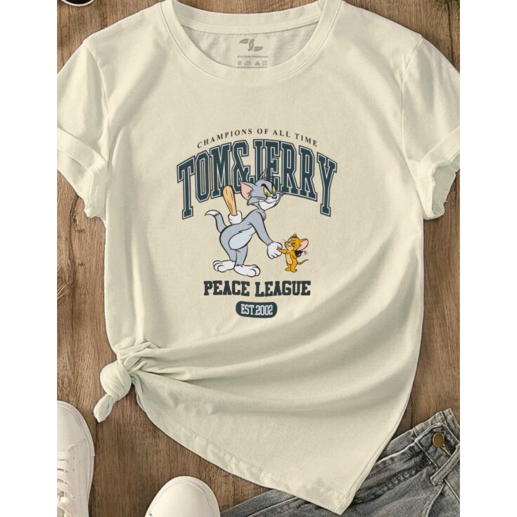 Camiseta Feminina T-Shirt 100% Algodão Estampada Tom & Jerry Rato e Gato estilosa e despojada Adulto e Infantil