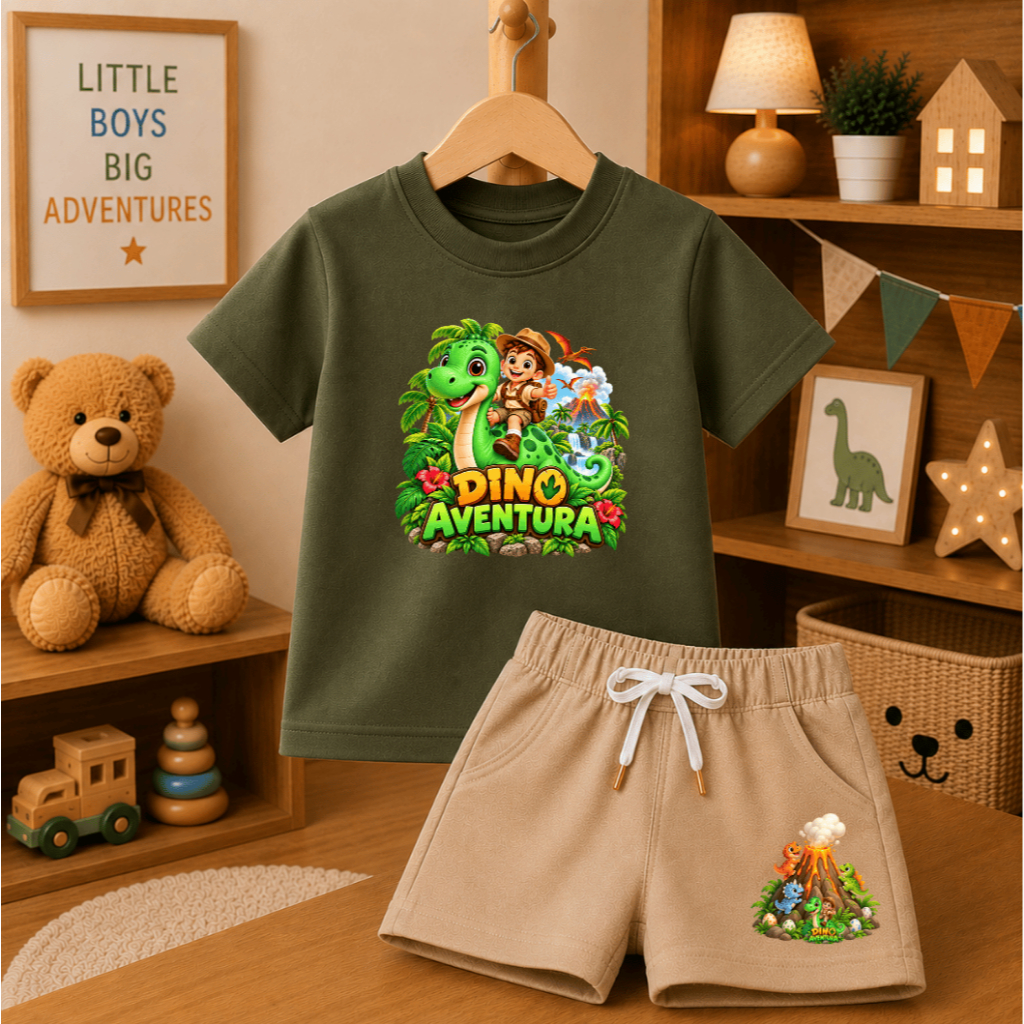 Conjunto Infantil Menino Camiseta 100% Algodão e Shorts Estampado, Dinossauro Dino Aventura, Bermudinha Moletom