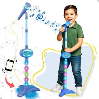 Microfone Infantil Com Pedestal Som Luz Conecta Celular Rock Show Azul