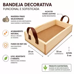 Bandeja milao milano 33x22cm em madeira alças de couro decorativa natal