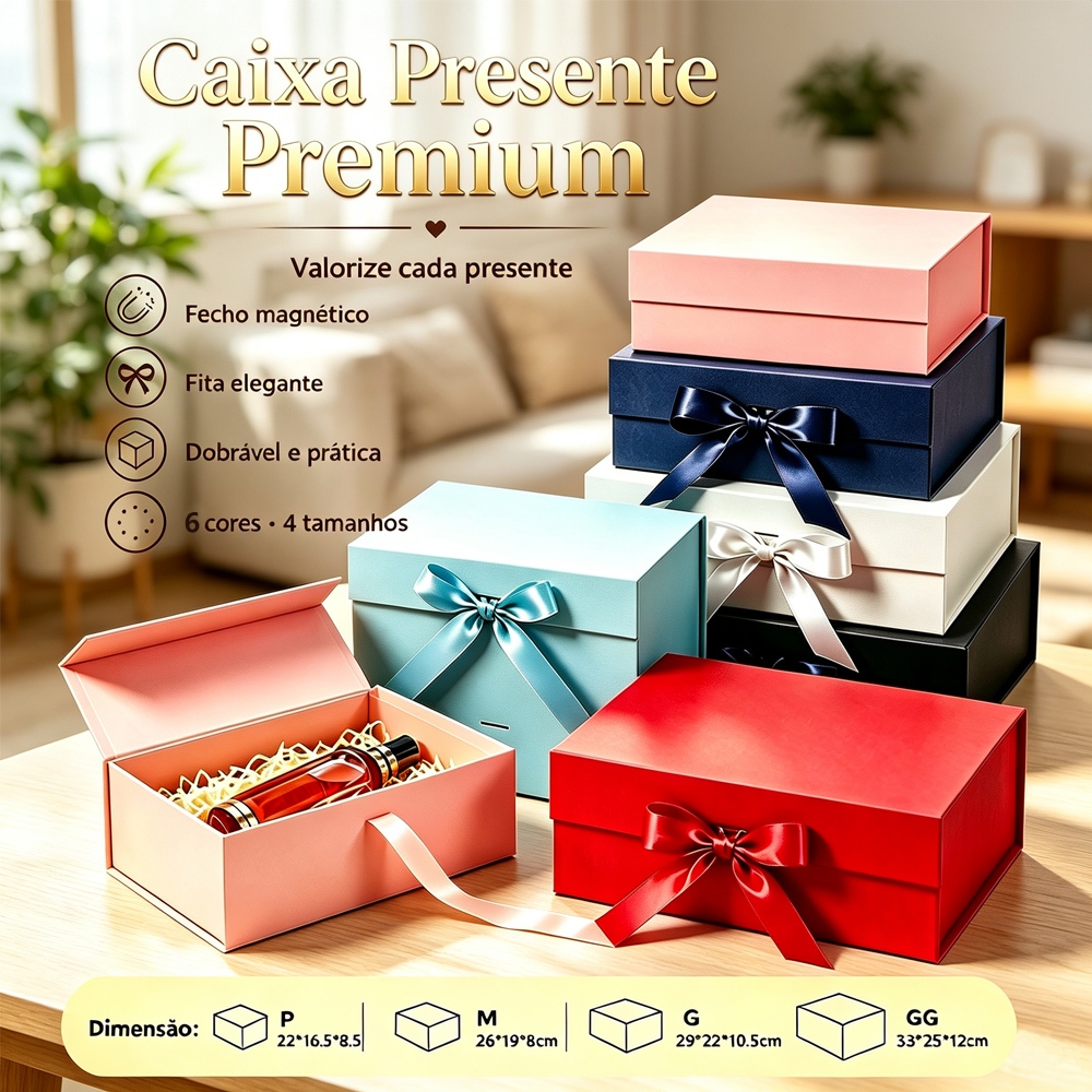 Kit 10/5 Caixa Presente Magnética Dobrável 6 Cores, Embalagem Luxo Aniversário e Natal com Laço, 26*19*8CM