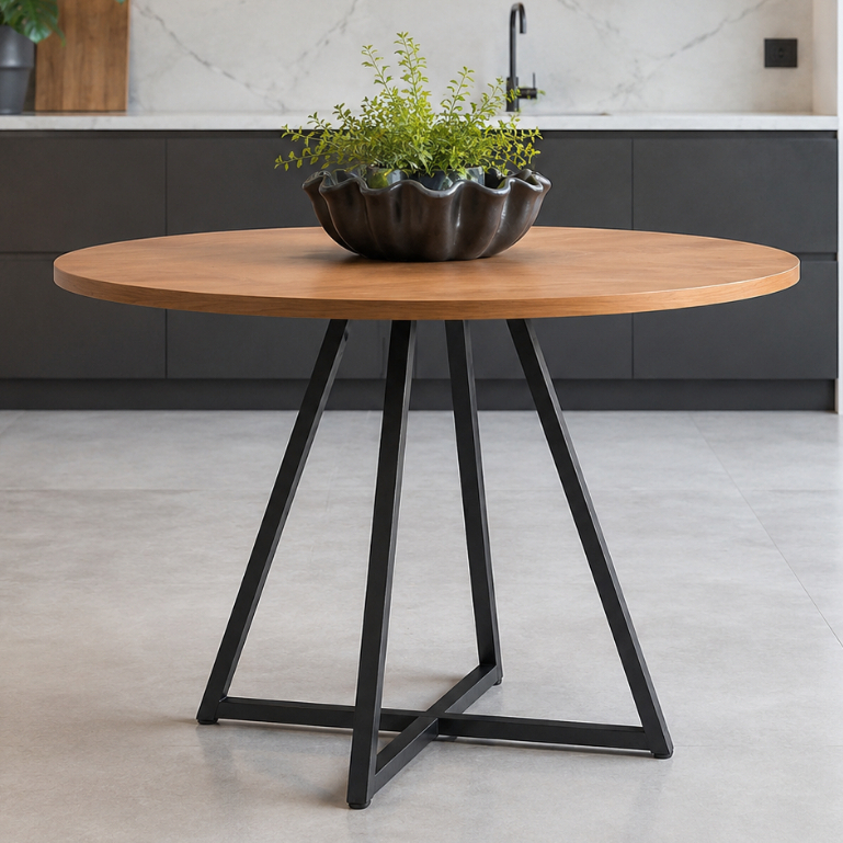 Mesa de Área Gourmet Requinte Redonda 90cm Tampo 100% MDF e Pé de Aço Estilo Industrial - LH Móveis