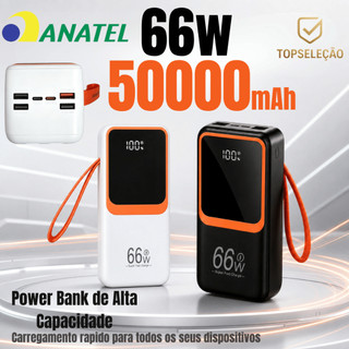 Power Bank 50000mAh 66W Carregamento Rápido 6 Saídas Cabos Integrados Tela LED ANATEL