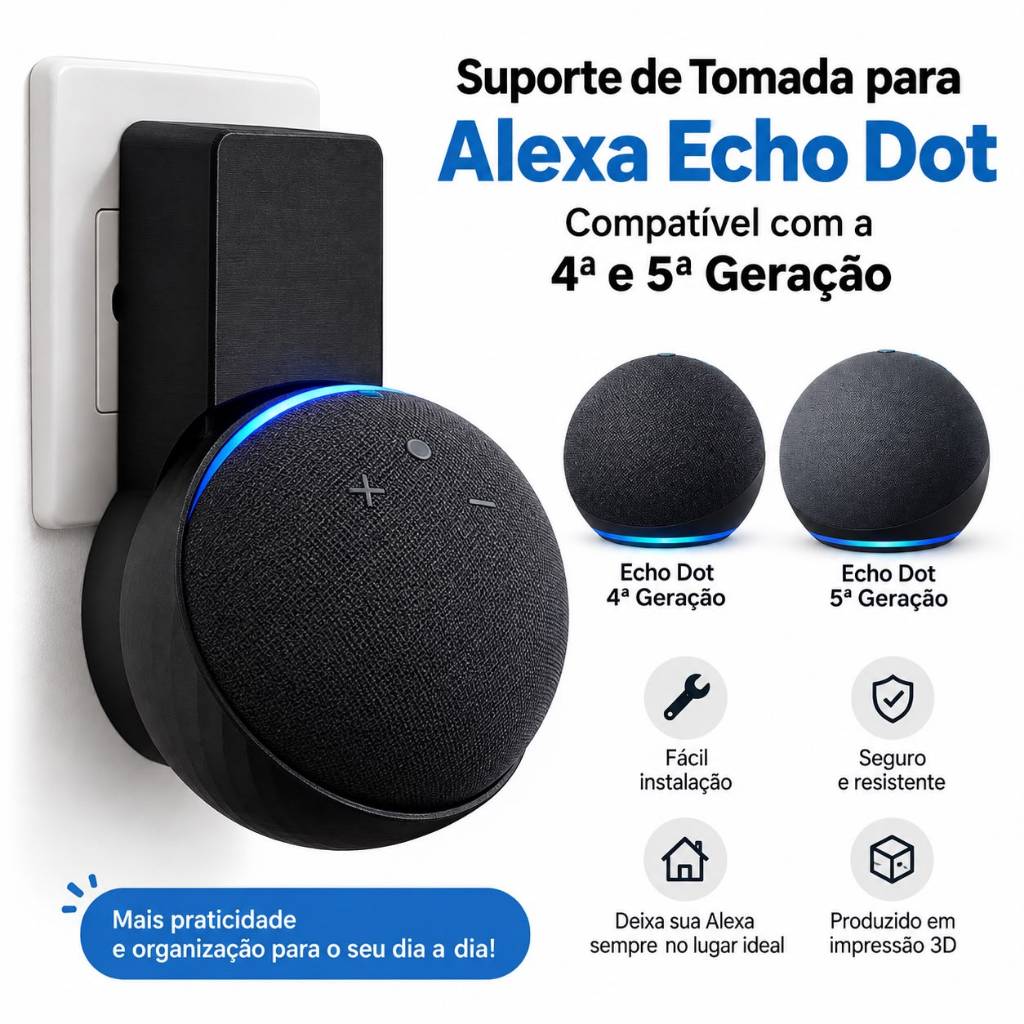 Suporte De Parede Para Alexa Echo Dot 4º E 5º Geração - Suporte de Parede 3D Preto