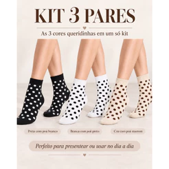 Kit 3 pares Meia Cano Médio Poá Bolinhas Tendência Moda