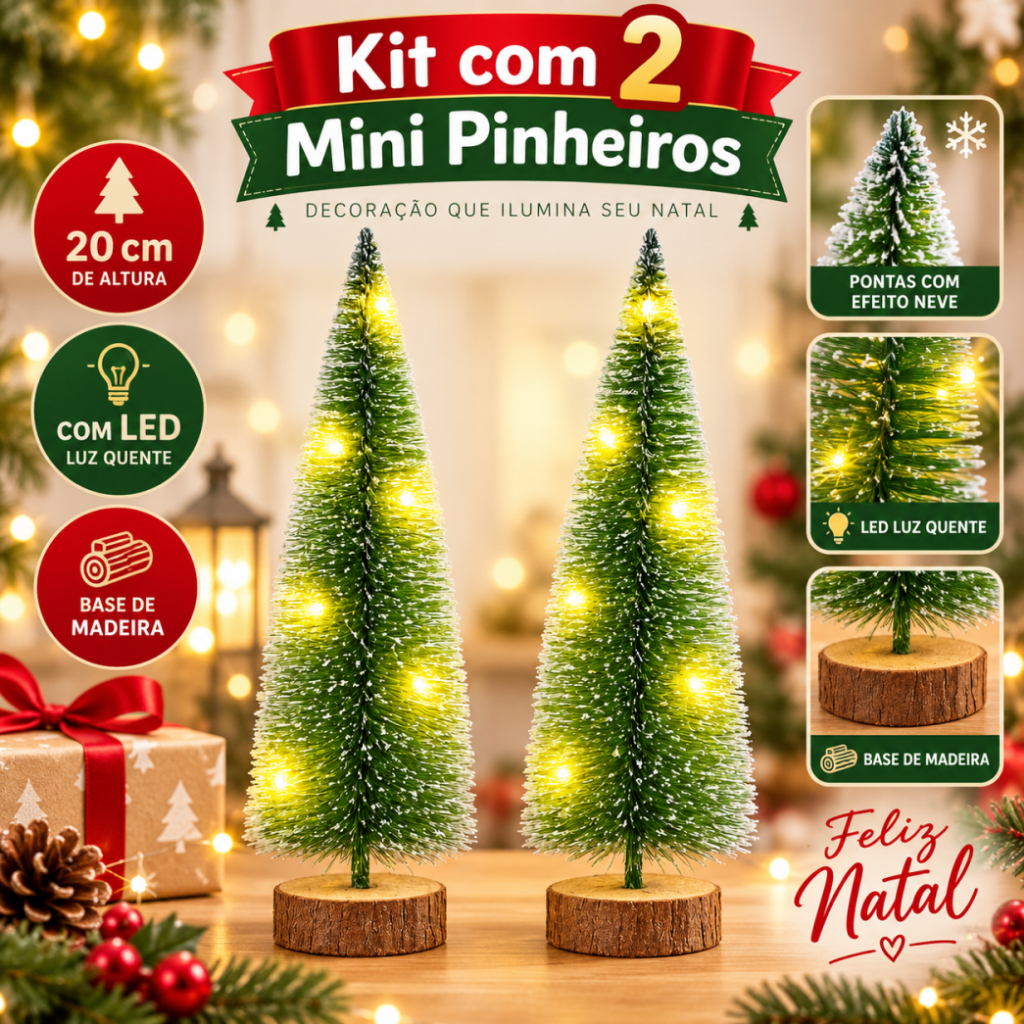 Mini arvore Natal mesa madeira led enfeite decoração madeira Natalino Papai Noel neve Pinheiro Vila