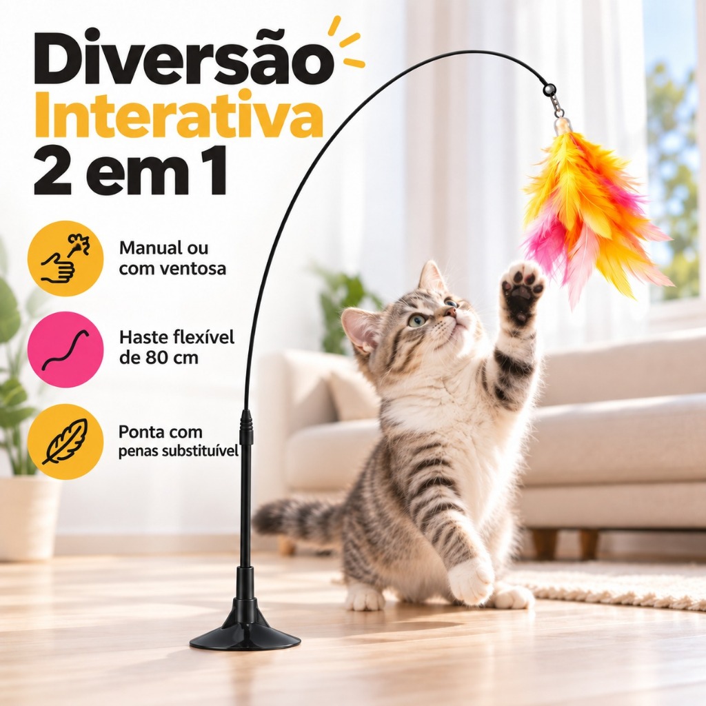 Brinquedo para Gatos Varinha Interativa com Ventosa e Penas Coloridas Pet que Gruda no Chão e Parede