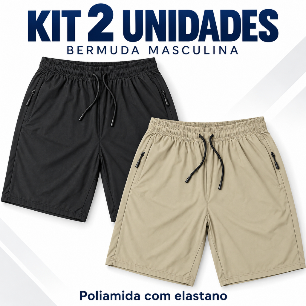 Kit 2 Bermudas Masculinas de Poliamida com Elastano Bolsos com Zíper Cós Elástico