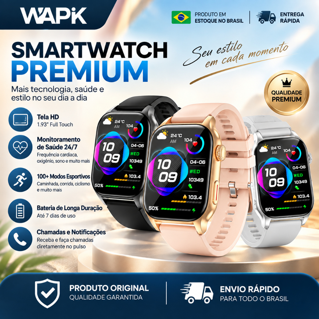 relógio smartwatch WAPIK Z8 Inteligente com Chamadas Bluetooth Monitor Cardíaco Oxigênio no Sangue Sono Esportes